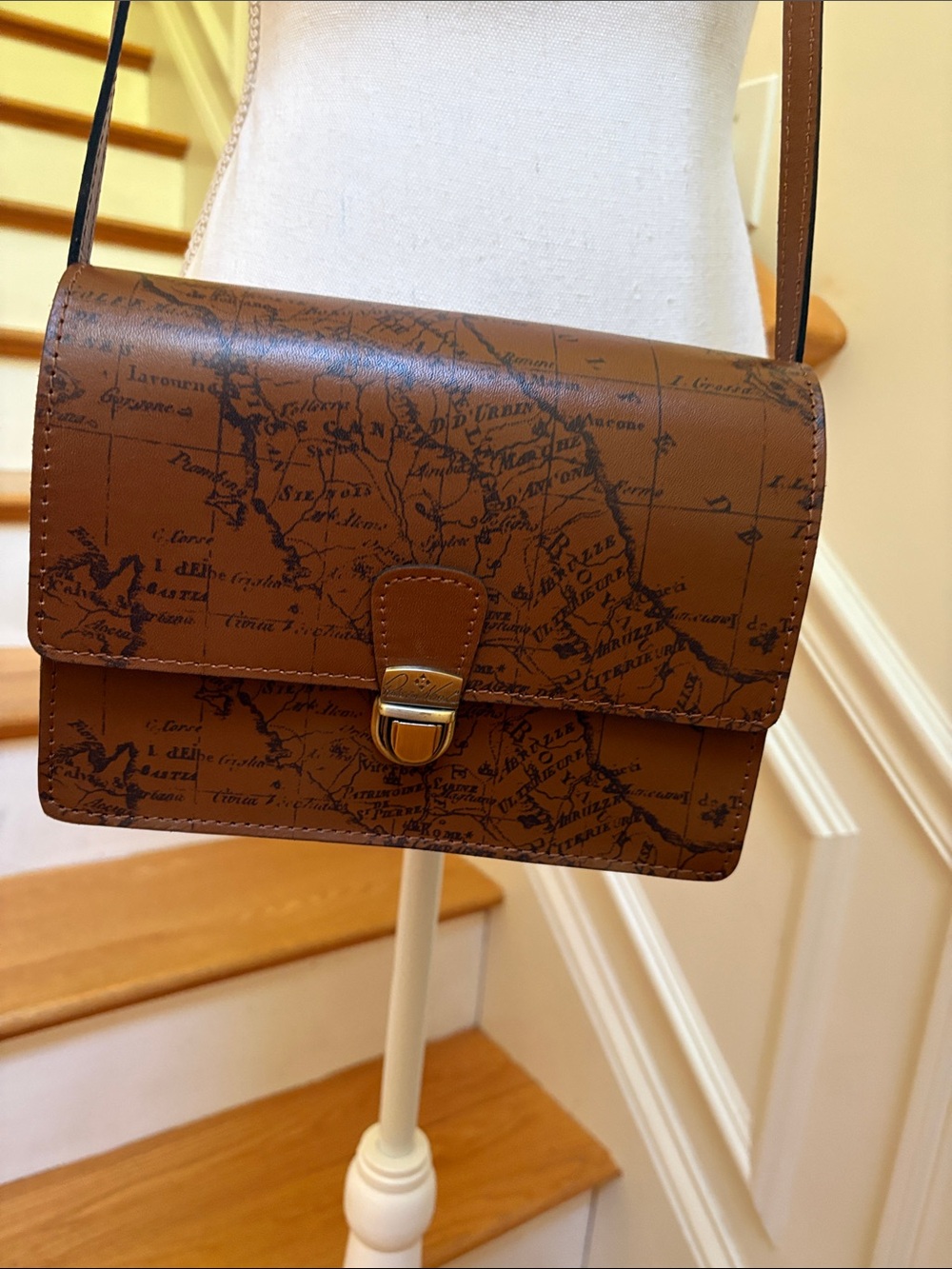 Patricia Nash Tan Brown Map-Print Leather Messenger Crossbody